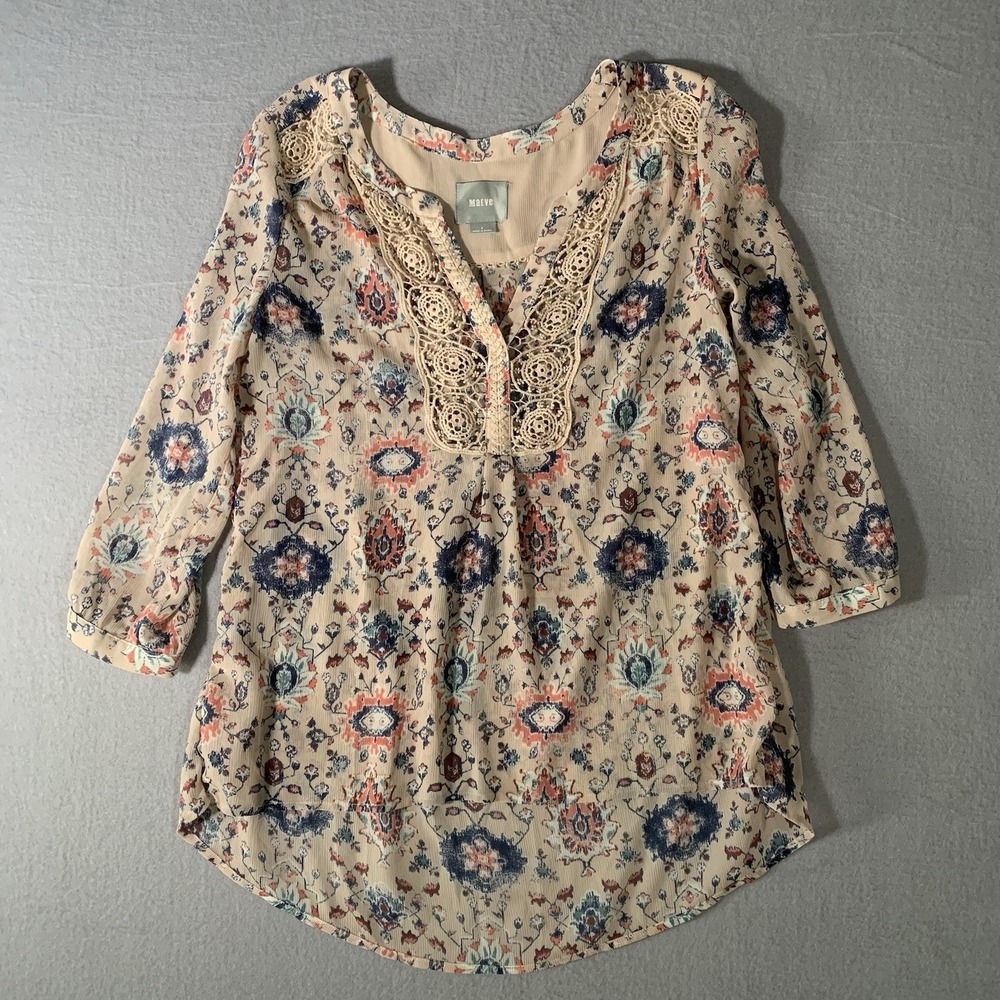 Maeve Anthropologie‎ Cream Viola Floral Long Sleeve Crochet Boho Blouse Size 4